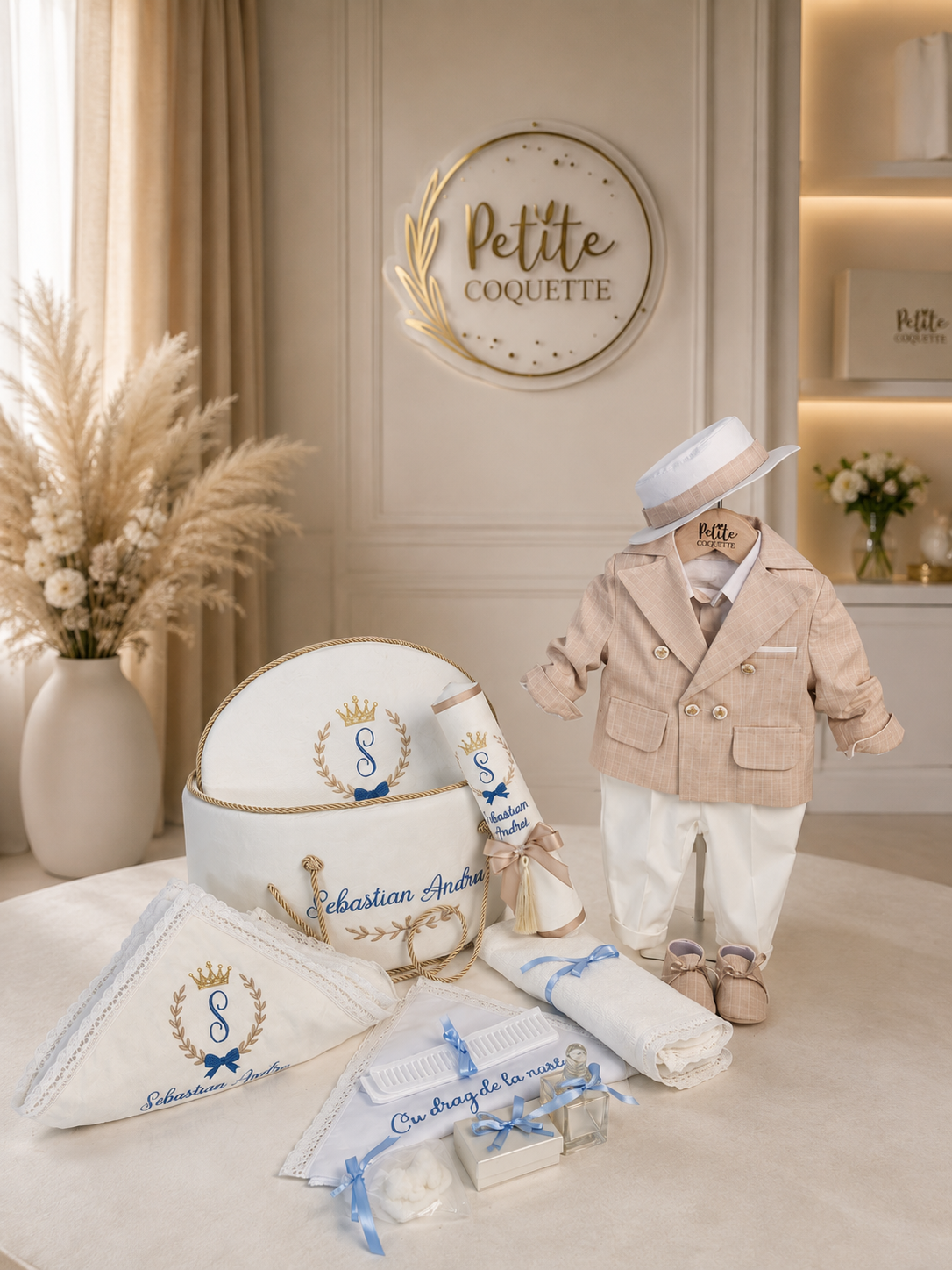 Set complet botez băiat Moretti  – costumaș, trusou și lumânare personalizată
