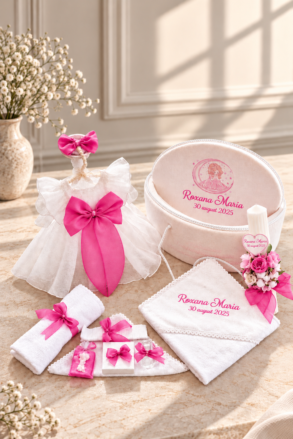 Set Complet Botez Fetiță Nuvolla  Rochiță +Trusou Personalizat +Lumanare