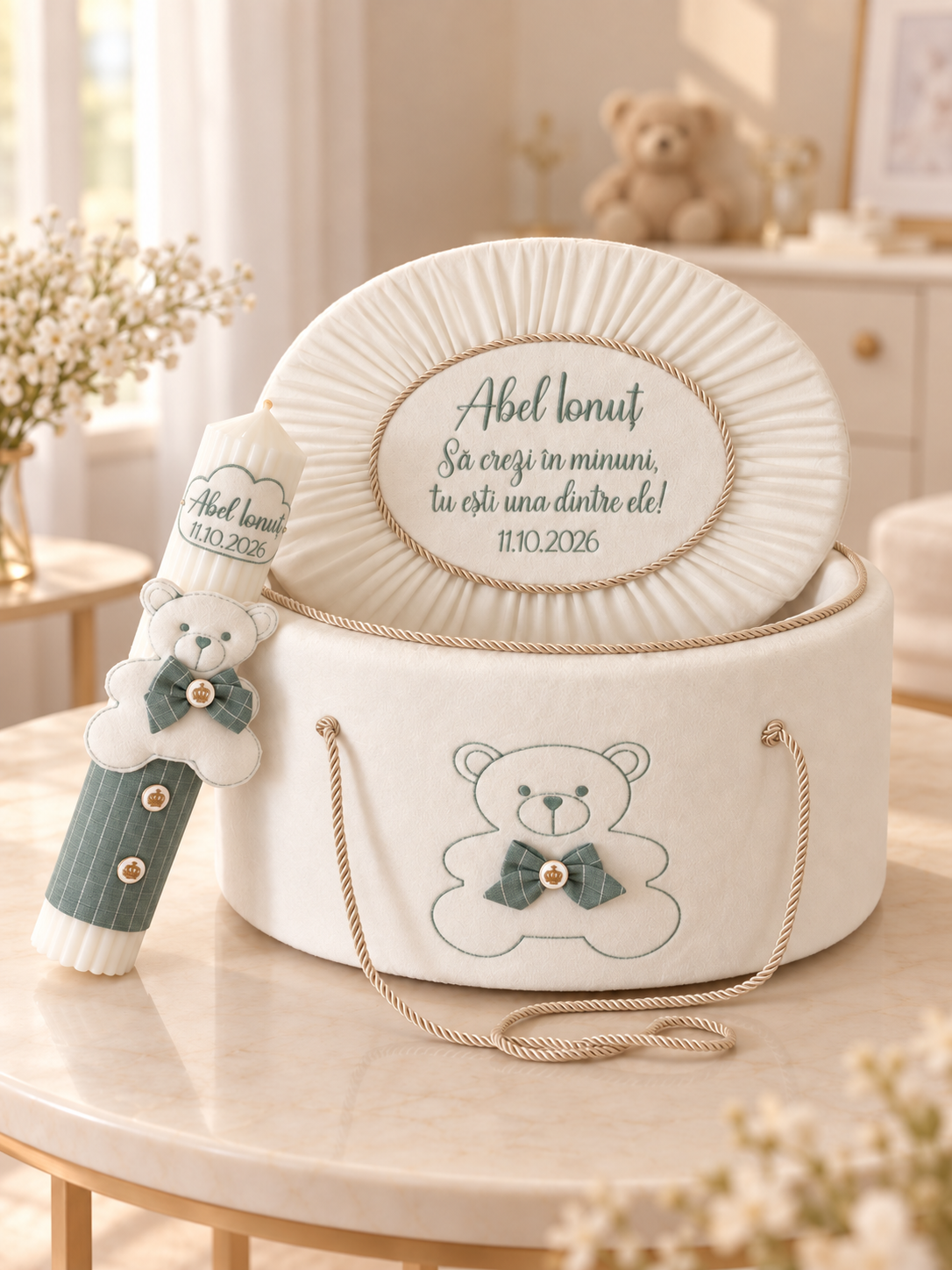 Lumânare botez băieți personalizată prin broderie, ursuleț cu papion