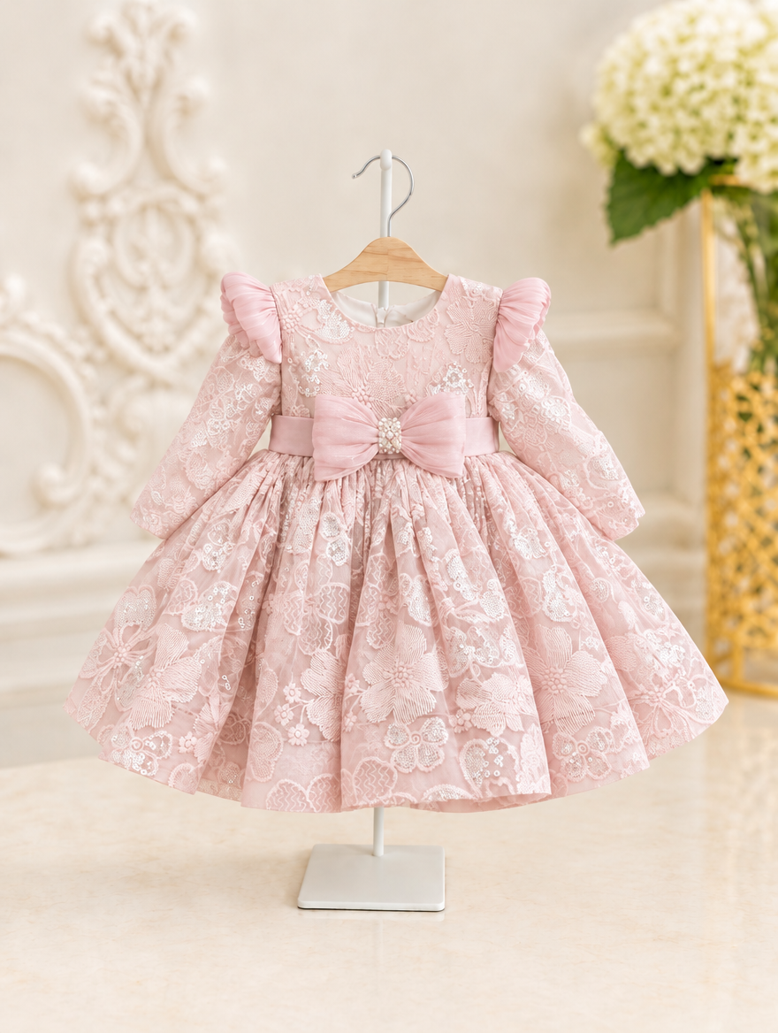 Rochiță de botez Melina cu dantelă și fundiță