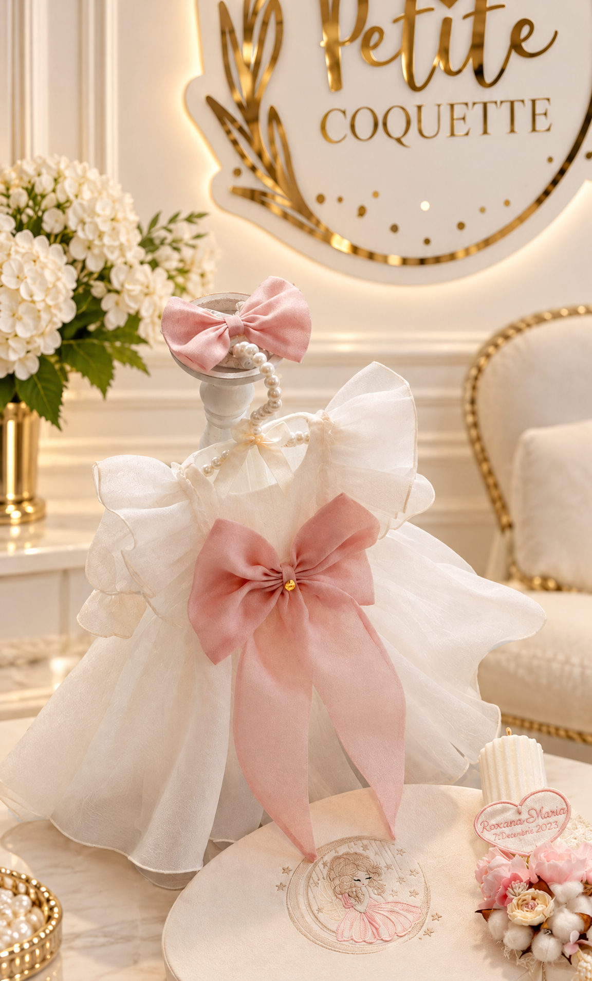 Set Complet Botez Fetiță Nuvolla  Rochiță +Trusou Personalizat +Lumanare