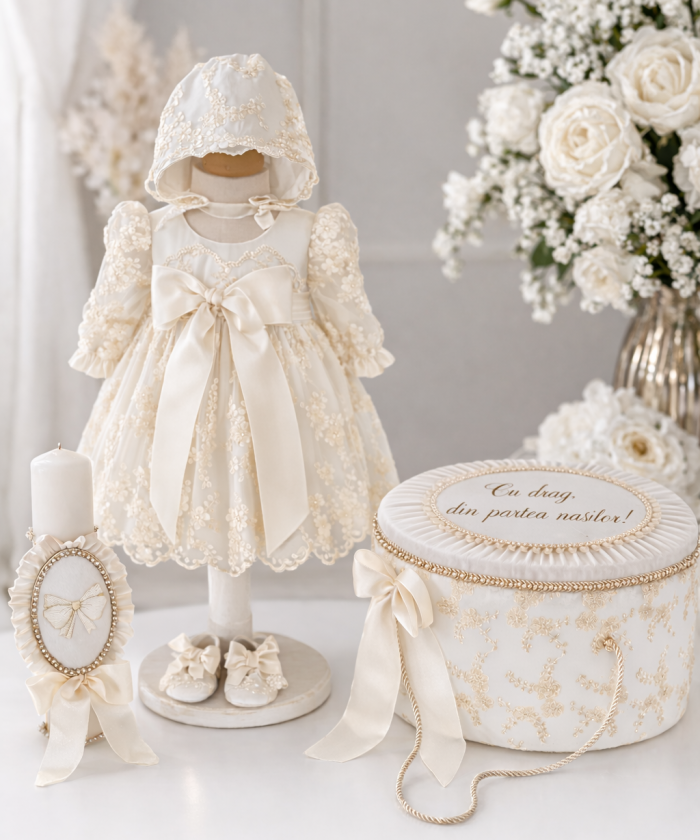 Set complet de botez fetițe Ophelia – trusou complet cu rochiță, lumânare și cufăr personalizat